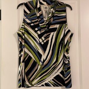 Anne Klein top in size 0X in gorgeous print with blue, lime, black, and cream.